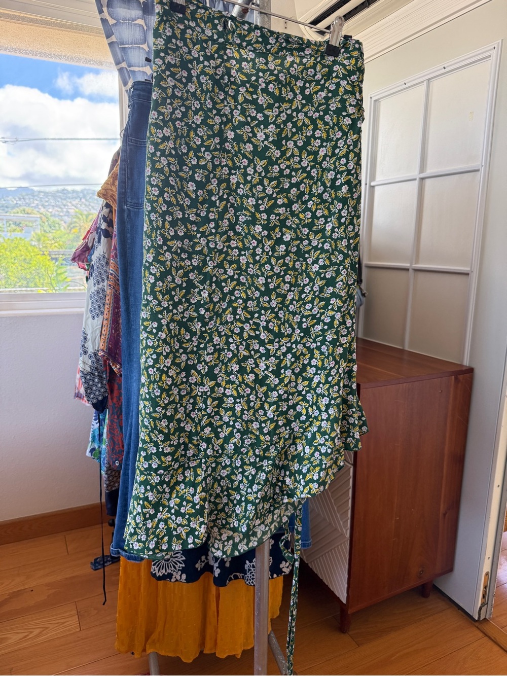 Faithfull the Brand Dark Green Floral Asymmetrical Ruffle Skirt